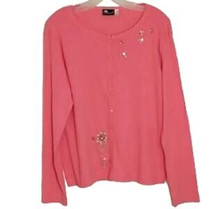 Sunburst Embellished Cardigan Women's Sz M Pink Long Sleeve Soft Knit Button UP